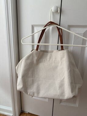 Canvas Tote Bag with Brown Handles - Neutral Cream